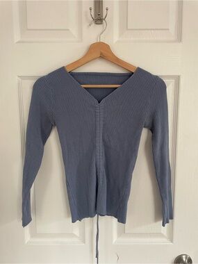YesStyle Ribbed V-Neck Long Sleeve Sweater - Dusty Blue